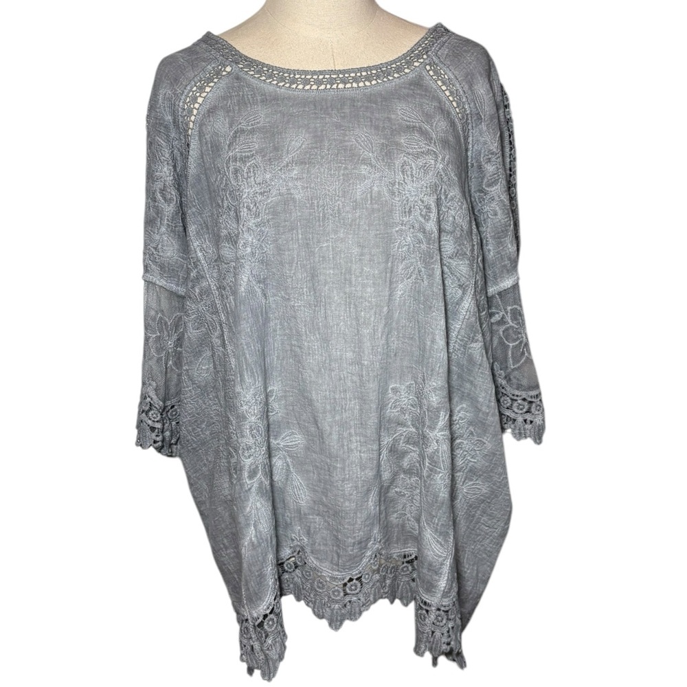 Kindred Anthropologie Lace Blouse Burnout Plus Size 1X Gray Butterfly Sleeve